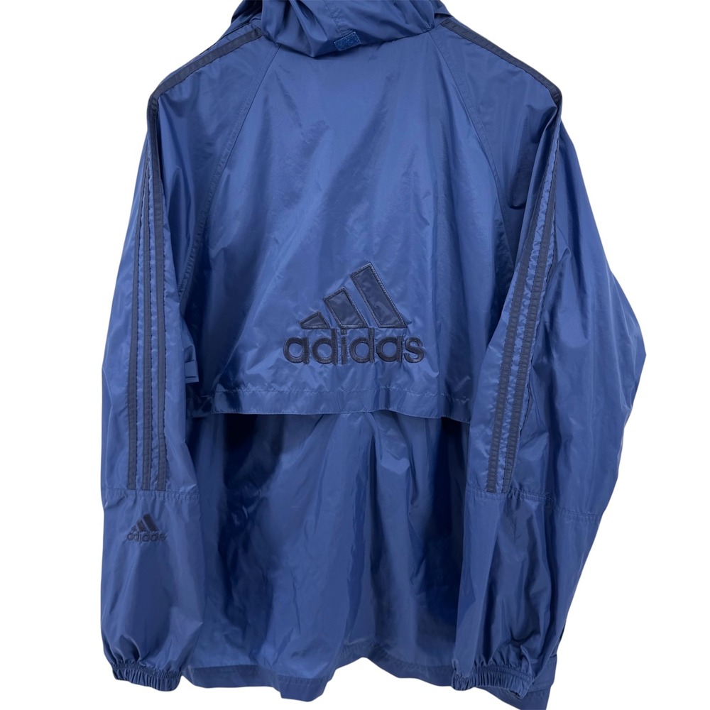 Adidas Windbreaker Jacket Mens Large Blue Full Zip Packable Hood Mesh Lined